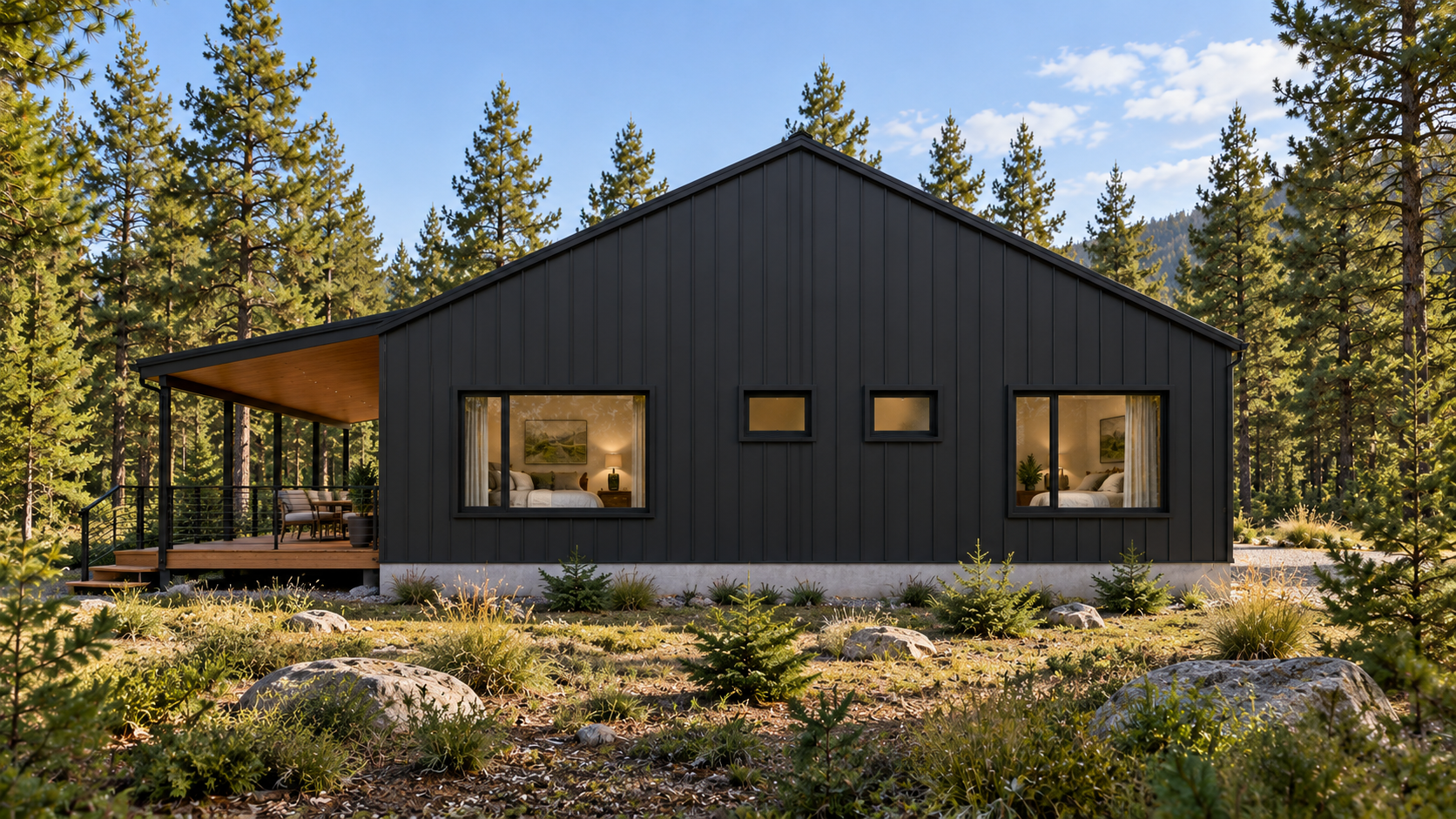 East-side concept rendering showing large bedroom windows and smaller middle bathroom windows.