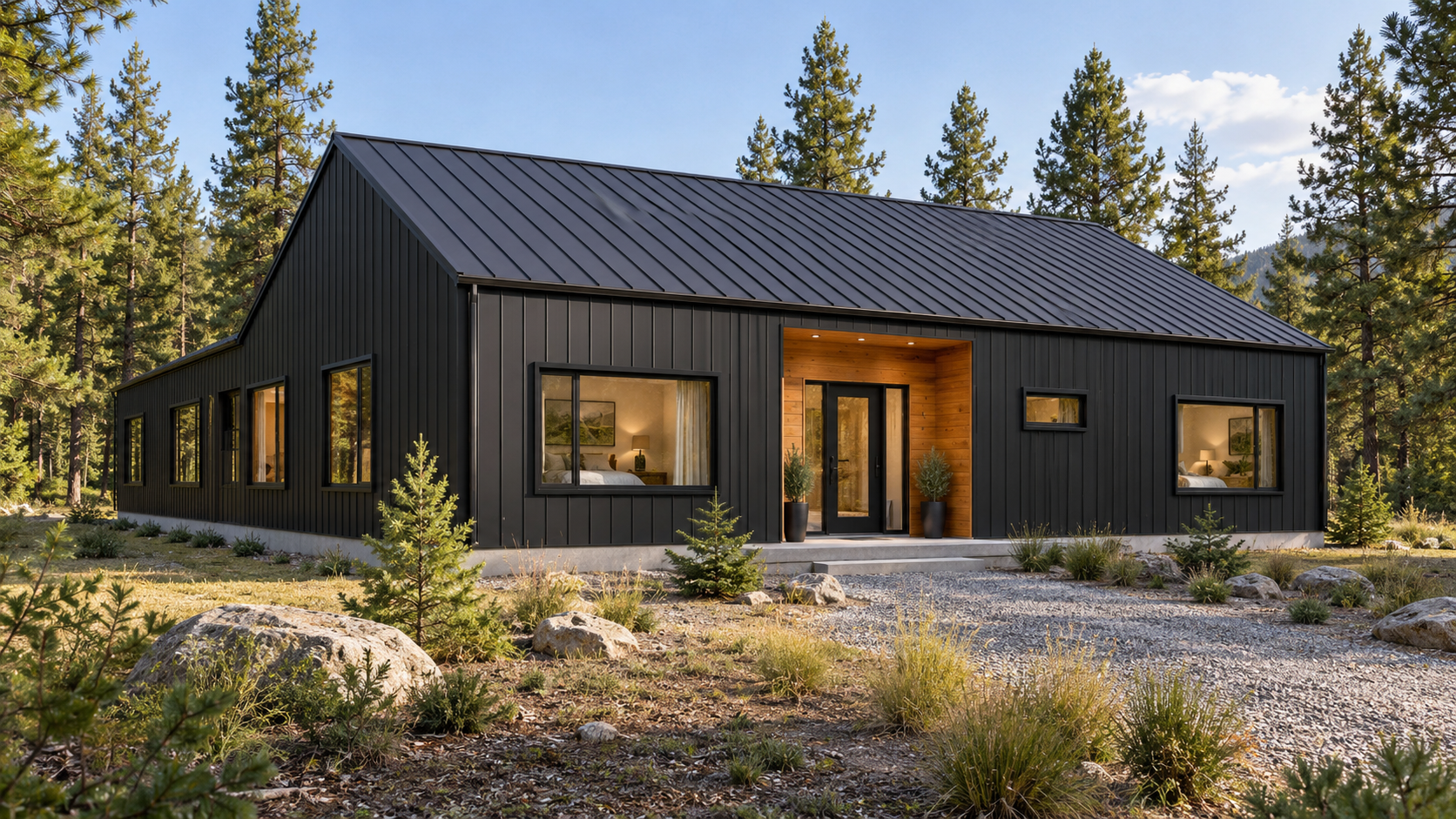 Front-left concept rendering of the Cedar Ridge Five modern cabin with charcoal siding, cedar entrance and a black metal gable roof.