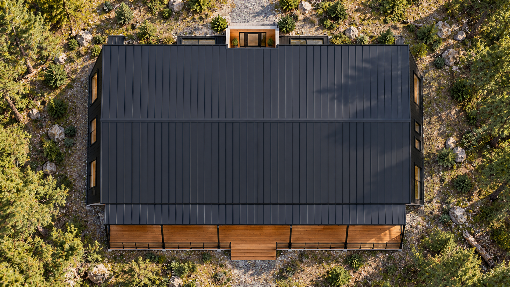 Overhead concept rendering showing the rectangular cabin roof, front entrance and full-width rear covered deck.