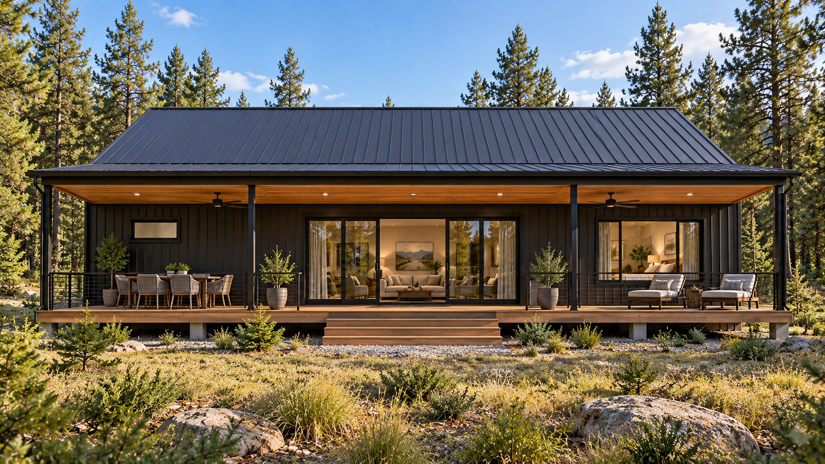 Rear concept rendering showing the covered cedar deck, central glass doors and primary-bedroom window.
