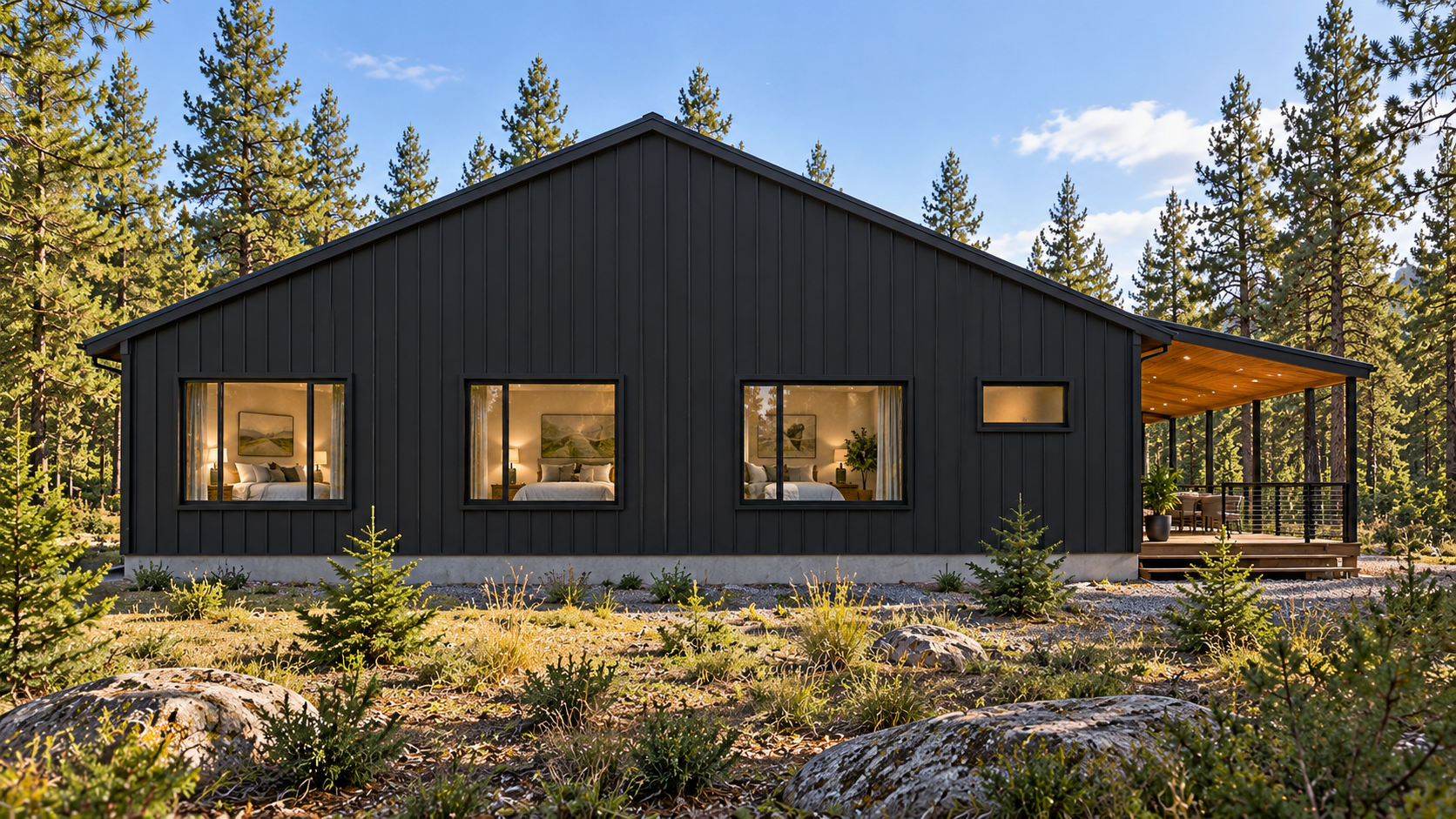 West-side concept rendering of the cabin with three bedroom windows, a smaller bathroom window and the rear deck.