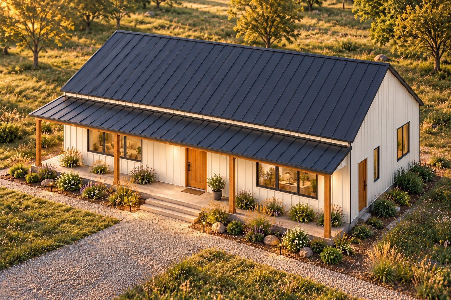 Elevated perspective of the Prairie Pair 2 bedroom barndominium plan with a rectangular gable roof and full-width front porch