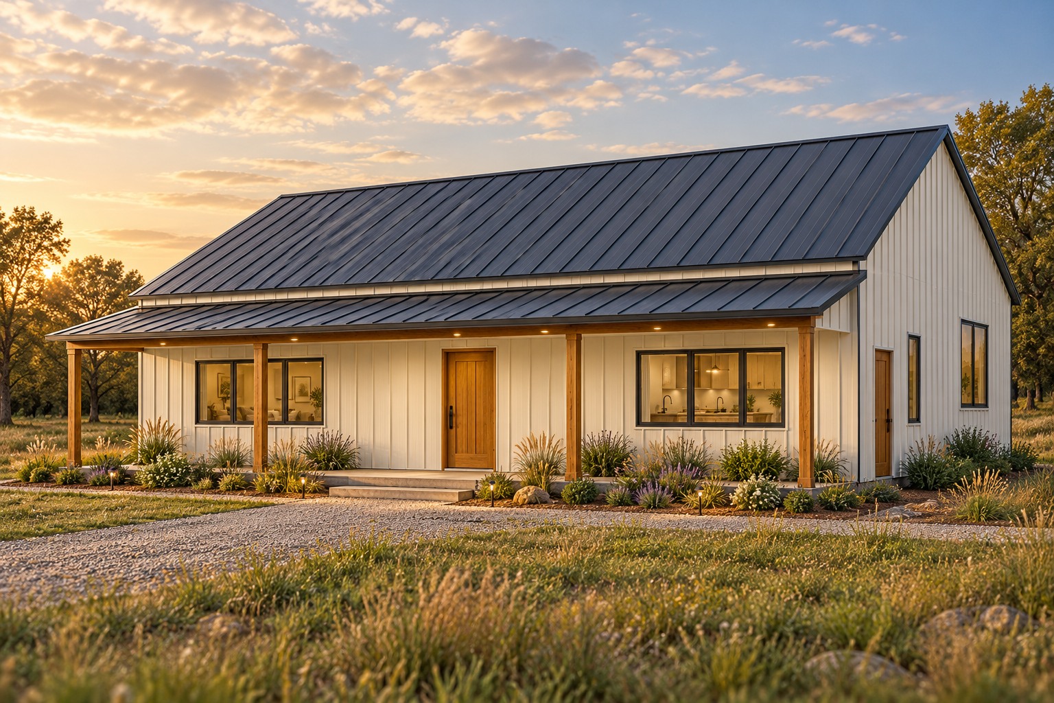 Front perspective of the Prairie Pair 2 bedroom barndominium plan with cream metal siding, a dark gable roof and covered porch