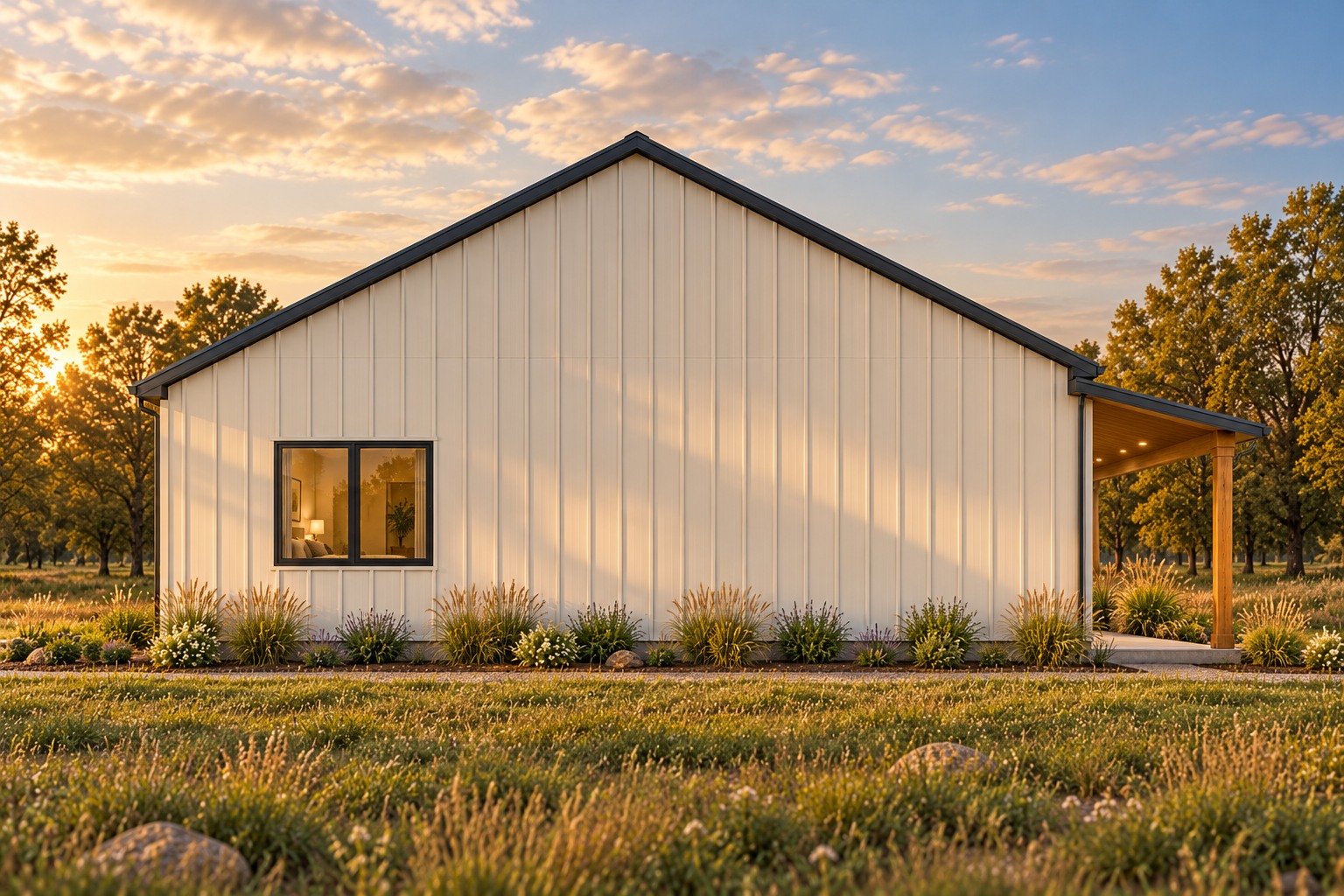 Left side of the Prairie Pair barndominium concept with one bedroom window and the front porch at the right