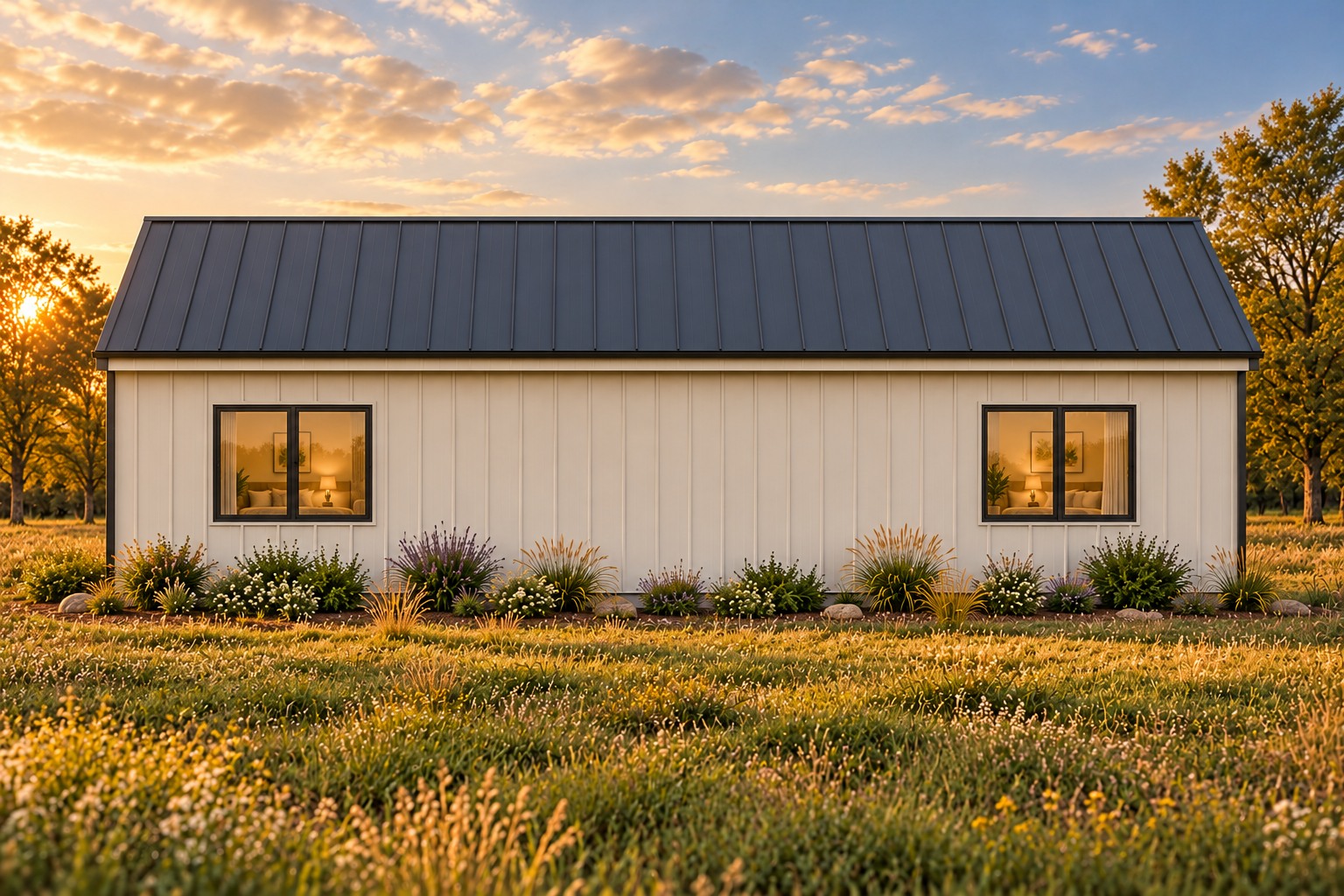 Rear view of the Prairie Pair barndominium concept with two bedroom windows and no rear porch