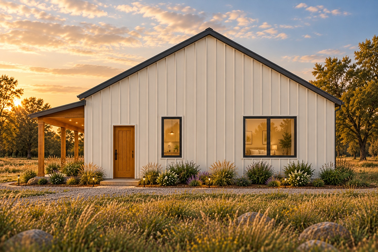 Right side of the Prairie Pair barndominium concept showing the kitchen exit, narrow kitchen window and bedroom window